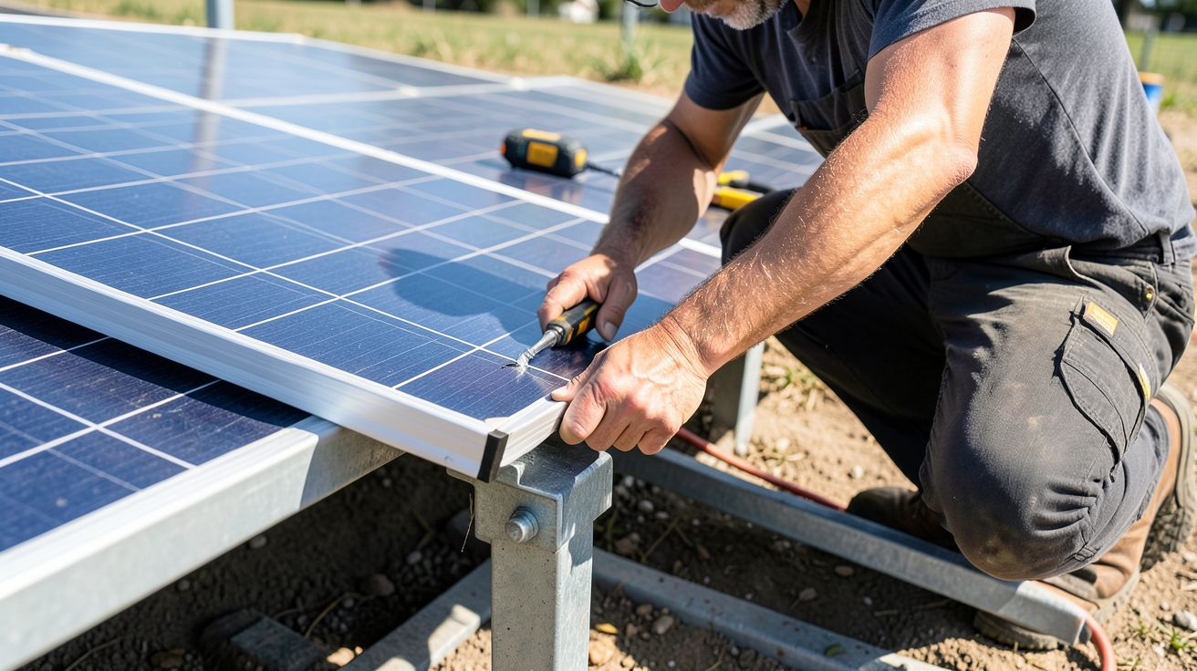 panneau solaire au sol en cours d'installation technique par un professionnel.