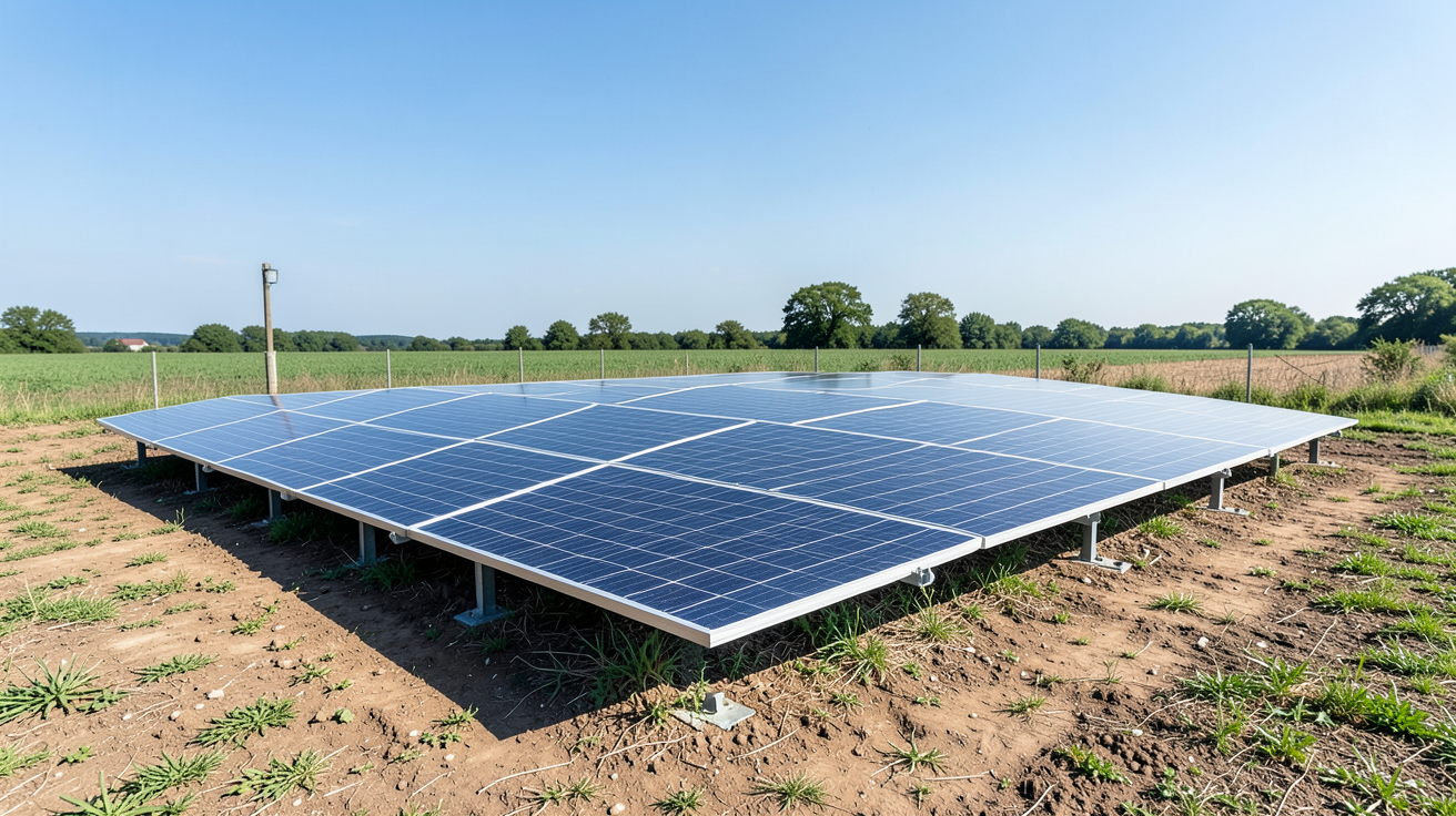 panneau solaire au sol installé de manière conforme sur un terrain en France
