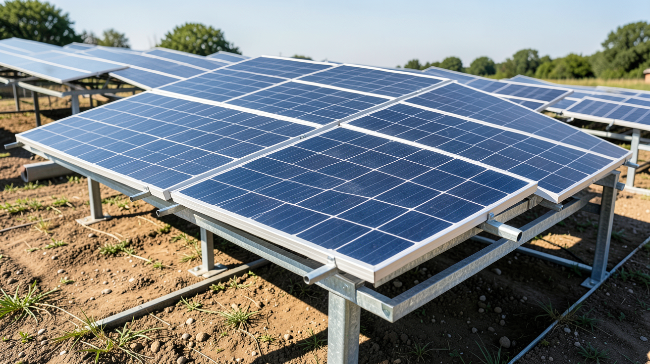 panneau solaire au sol installé sur une structure de montage métallique robuste