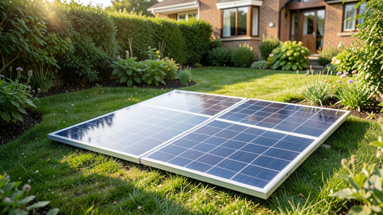 panneau solaire au sol pour particulier installé dans un jardin résidentiel