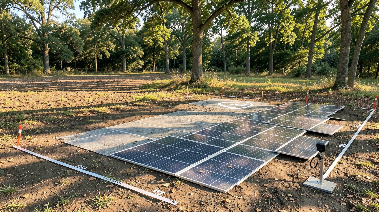 panneau solaire au sol pour particulier : étude de faisabilité montrant un terrain avec marqueurs de mesure, boussole et diagramme d'ombrage