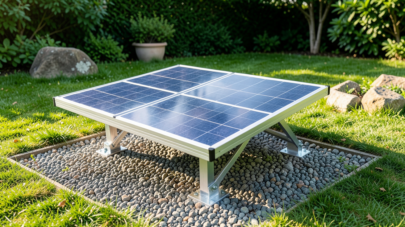 panneau solaire au sol pour particulier fixé sur une structure en aluminium avec fondations en gravier dans un jardin