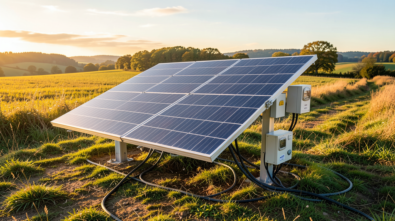 panneau solaire au sol prix 2026 : installation de 6kWc avec compteurs électriques dans un champ ensoleillé