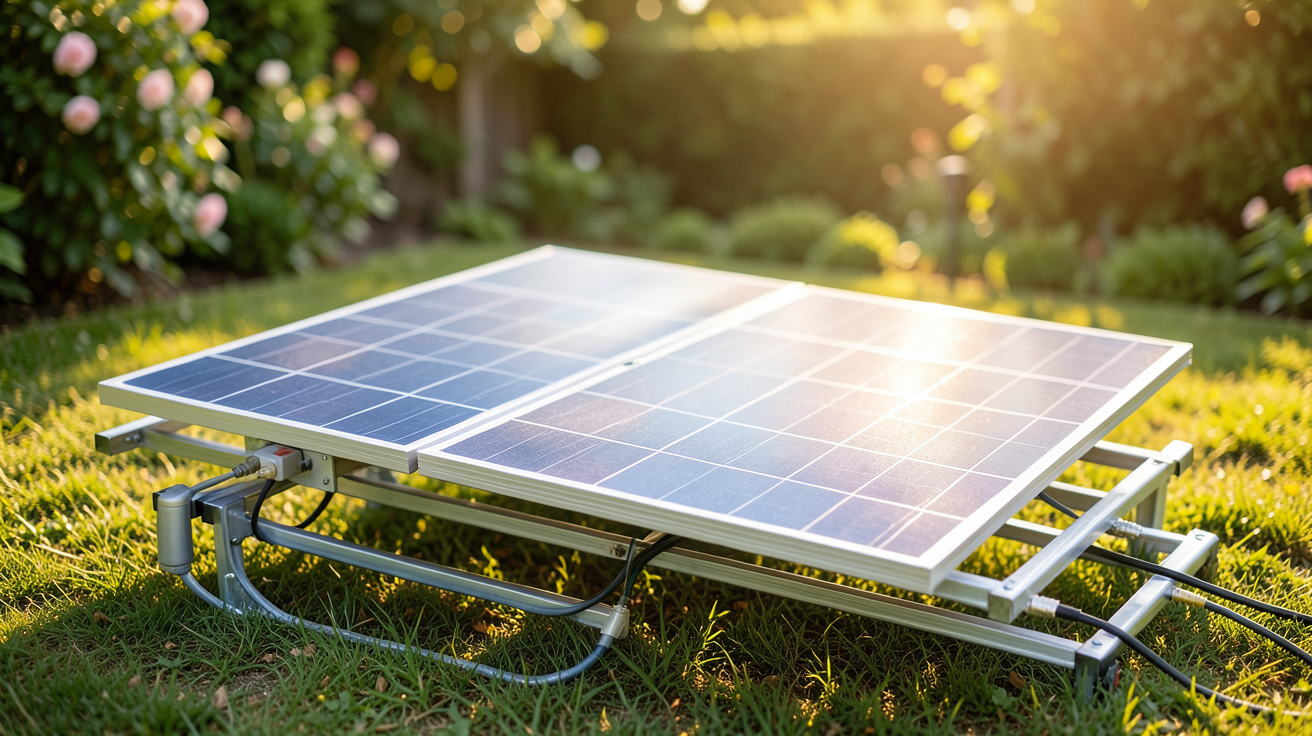 panneau solaire au sol prix kit montage soi-même 2026 avec 4 panneaux photovoltaïques monocristallins sur support métallique réglable dans un jardin ensoleillé