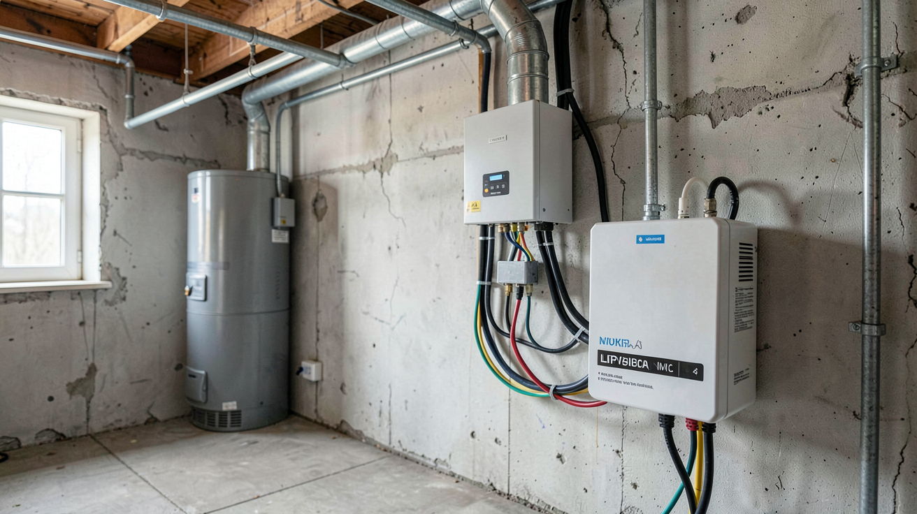 panneau solaire autoconsommation avec batterie de stockage et onduleur hybride dans un garage technique