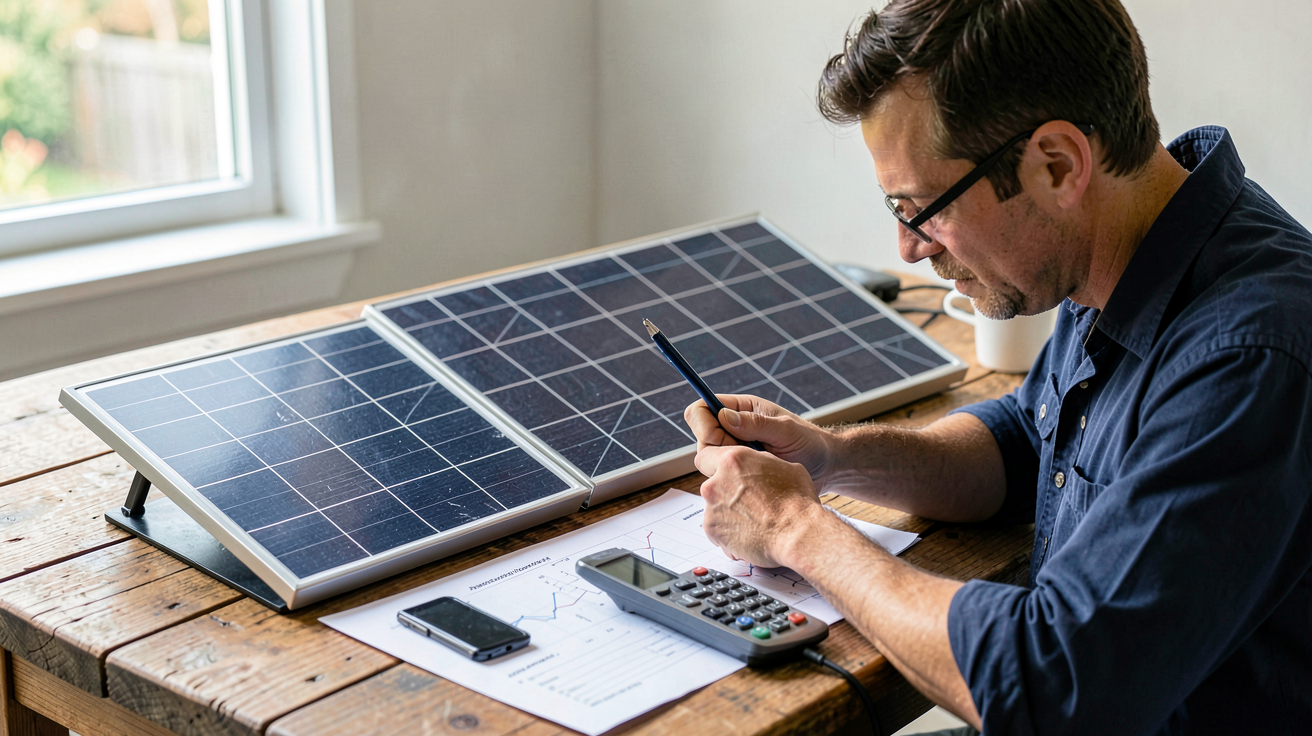 panneau solaire autoconsommation avec batterie : technicien calculant la puissance des panneaux et la capacité de la batterie pour une installation