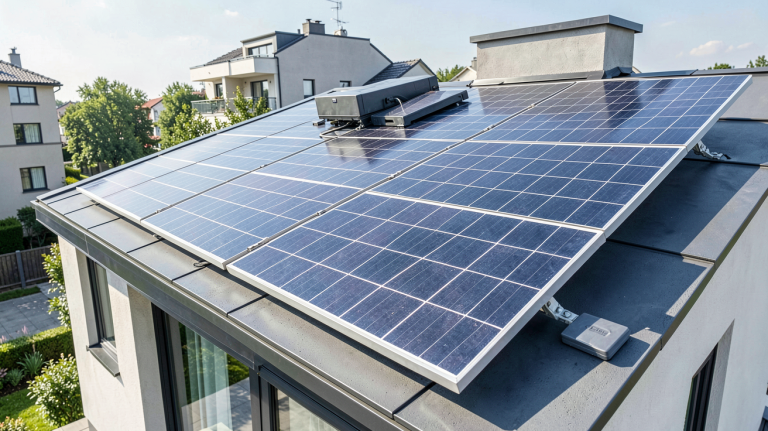 panneau solaire autoconsommation avec batterie installé sur le toit d'une maison contemporaine, avec la batterie visible à côté du panneau