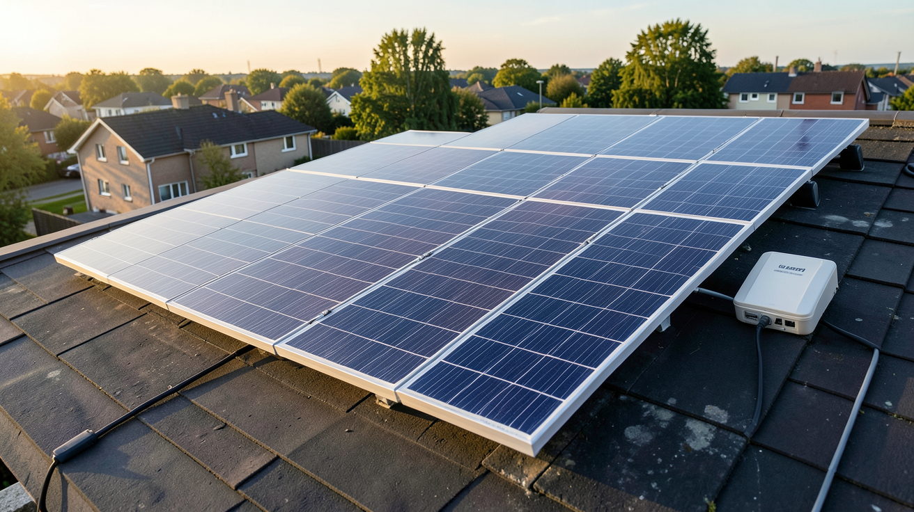 panneau solaire autoconsommation batterie installé sur un toit de maison avec batterie de stockage visible
