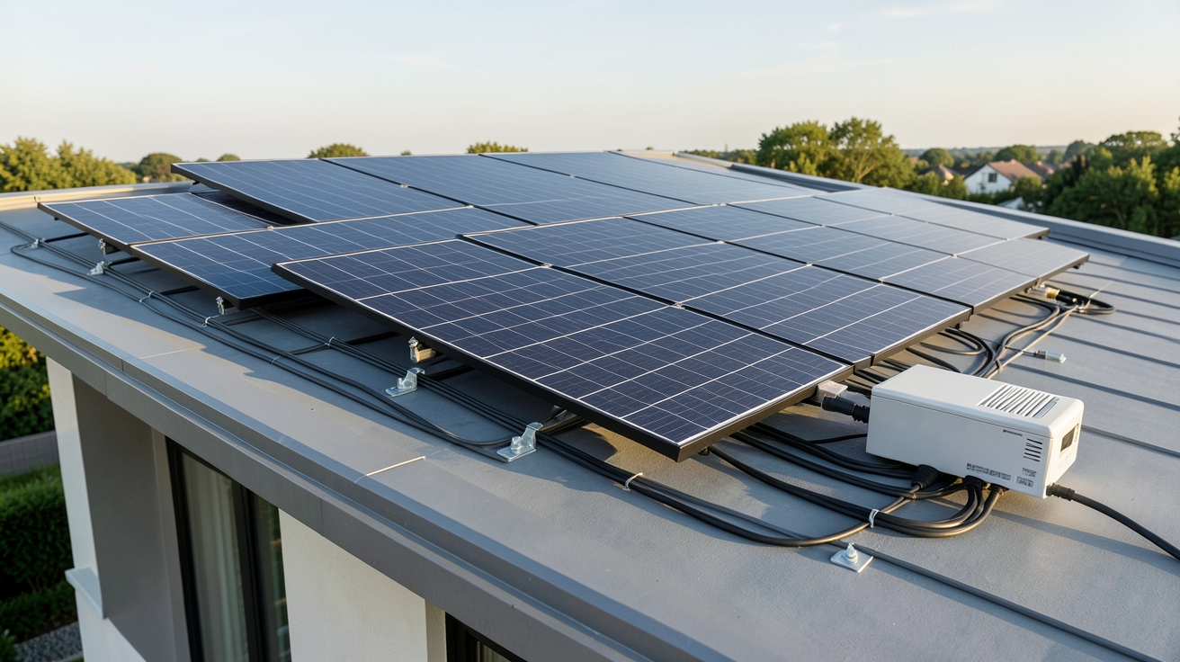 panneau solaire autoconsommation batterie d'un kit complet installé sur le toit d'une maison moderne