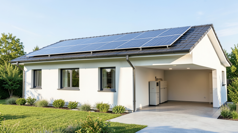panneau solaire autoconsommation batterie installé sur le toit d'une résidence moderne avec système de stockage.