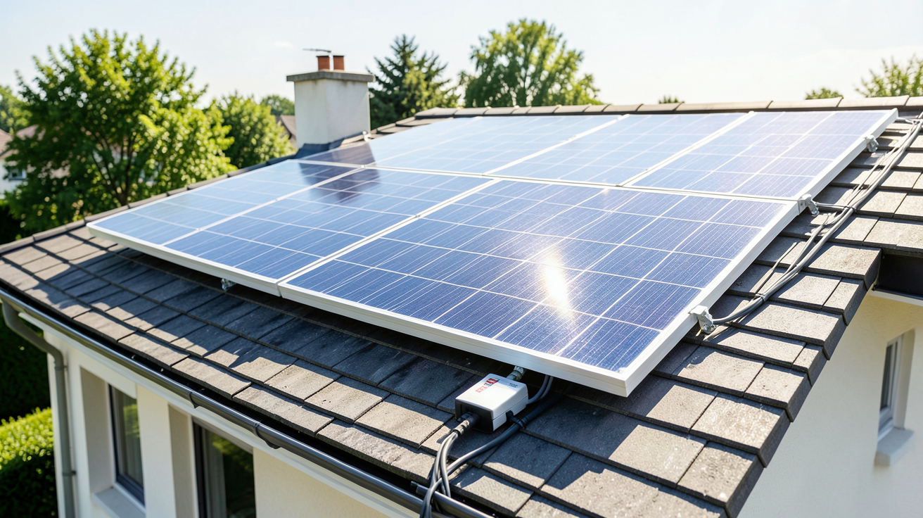 panneau solaire autoconsommation edf montrant le système installé sur un toit avec le soleil, les panneaux photovoltaïques dirigés vers la maison et un onduleur visible