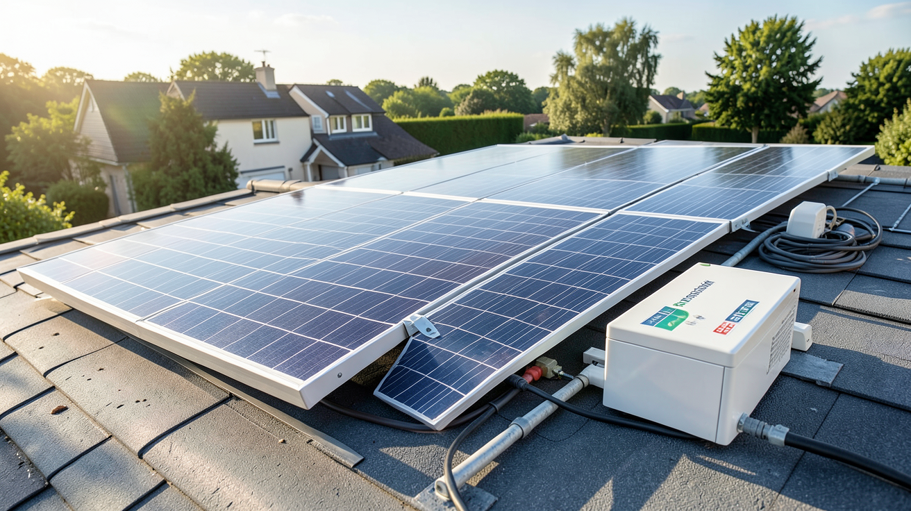 panneau solaire autoconsommation EDF kit complet avec panneaux, onduleur, micro-onduleur et batterie de stockage installé sur un toit