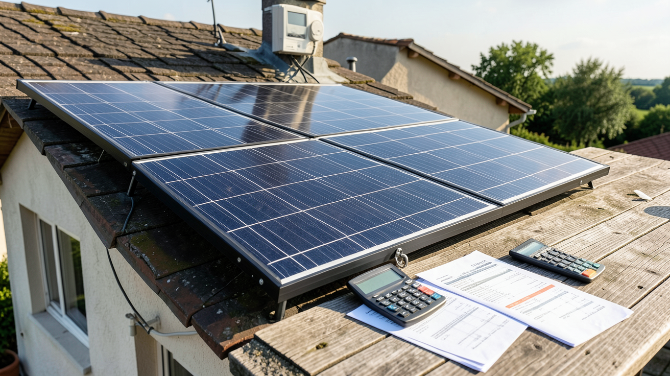 panneau solaire autoconsommation EDF installé sur le toit d'une maison avec documents financiers illustrant la rentabilité et les économies