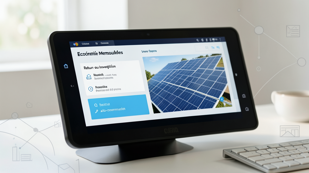 panneau solaire autoconsommation Leroy Merlin affichant le retour sur investissement et les économies estimées sur un écran numérique