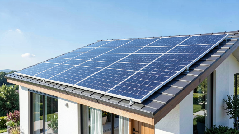 panneau solaire autoconsommation installé sur le toit d'une maison moderne sous un soleil éclatant