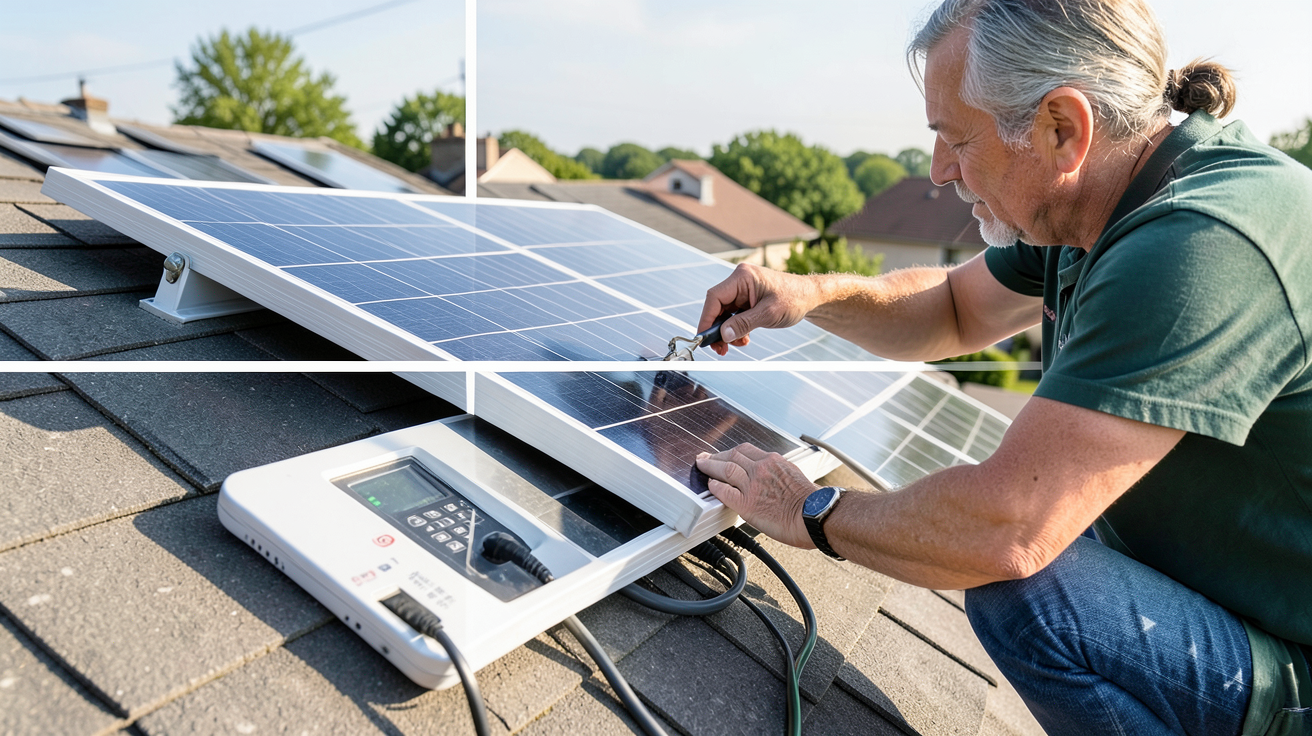panneau solaire autoconsommation plug and play en cours d'installation sur un toit avec outils et schéma de sécurité