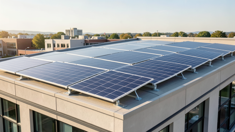 panneau solaire autoconsommation plug and play installé sur le toit d'un bâtiment commercial, montrant les modules solaires modulaires prêts à l'emploi