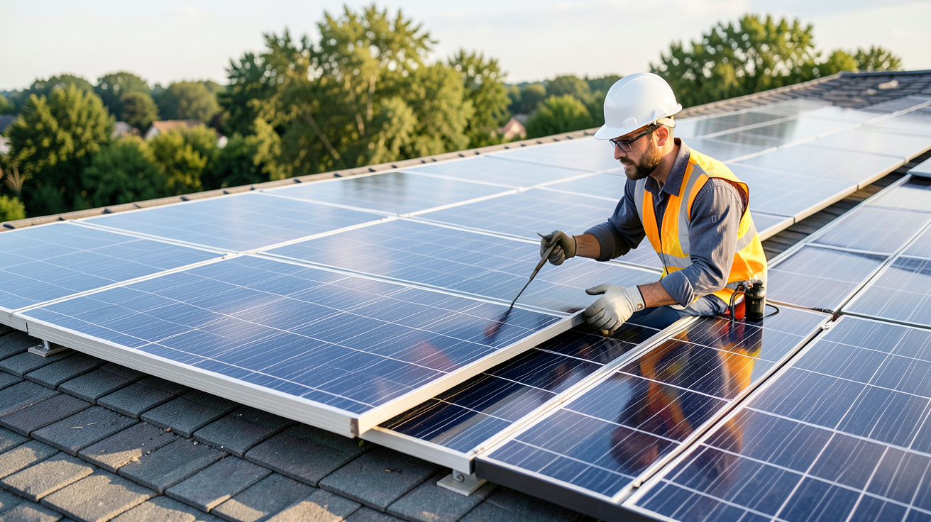panneau solaire autoconsommation sans batterie dimensionné pour une autoconsommation optimale, avec des panneaux installés sur un toit ensoleillé et un professionnel mesurant l'ensoleillement.