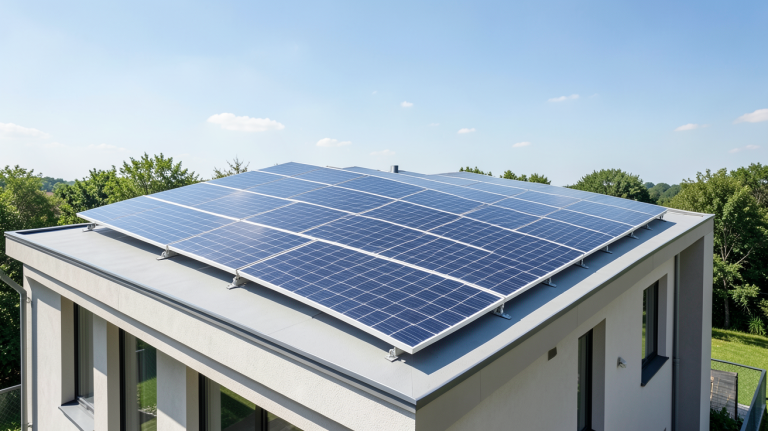 panneau solaire autoconsommation sans batterie installé sur le toit d'une maison moderne sous la lumière du soleil