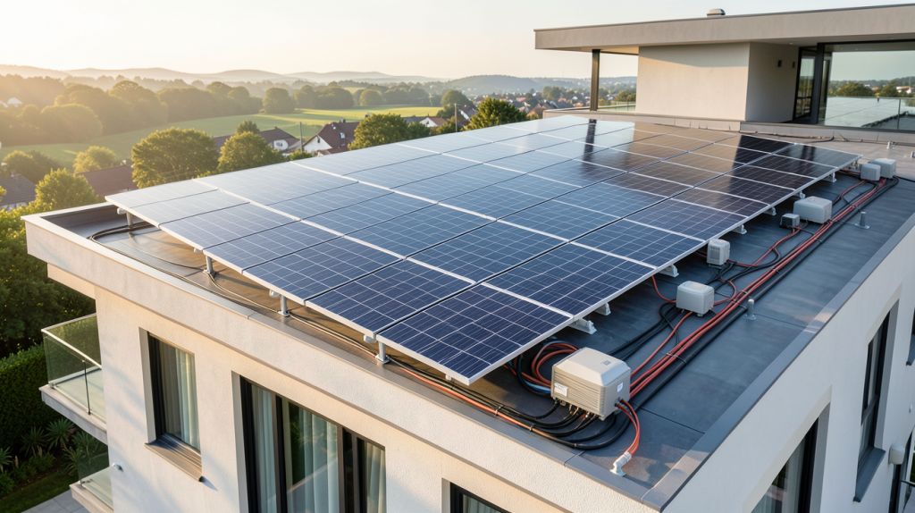 panneau solaire autoconsommation triphasé installé sur le toit d'une maison moderne