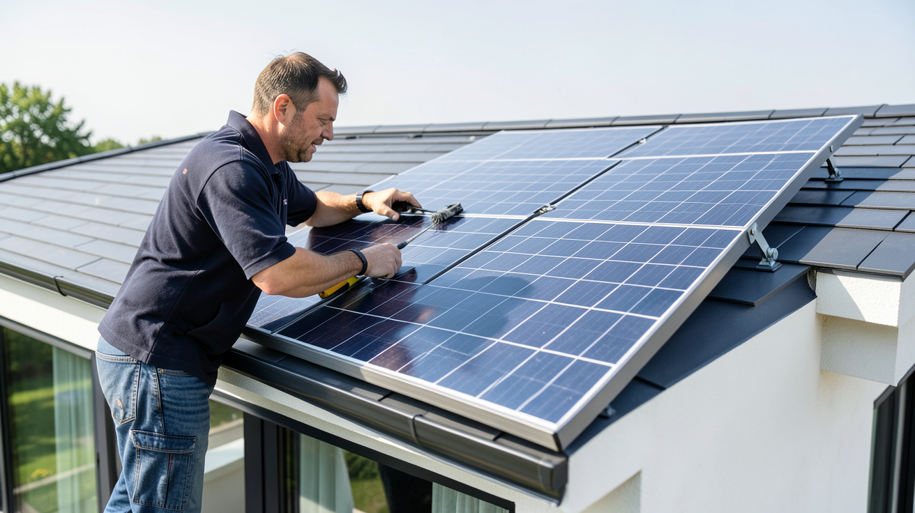 panneau solaire autoconsommation triphasé en cours d'installation sur une toiture résidentielle moderne