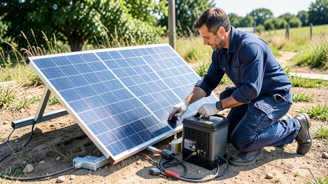 panneau solaire autonome 220V en cours d'installation par un technicien