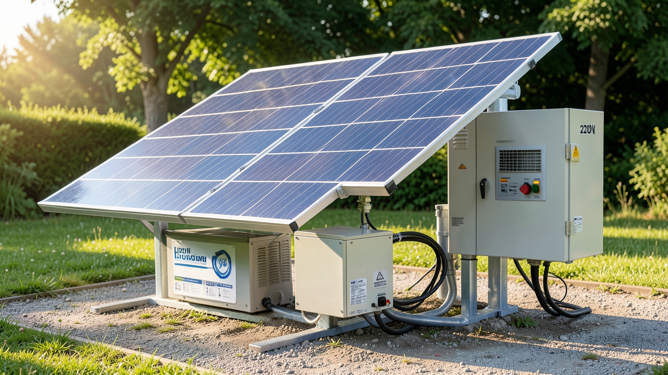 panneau solaire autonome 220V avec batterie et onduleur en installation extérieure