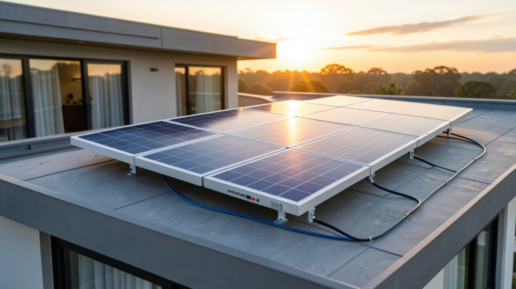 panneau solaire autonome avec batterie installé sur le toit d'une maison moderne