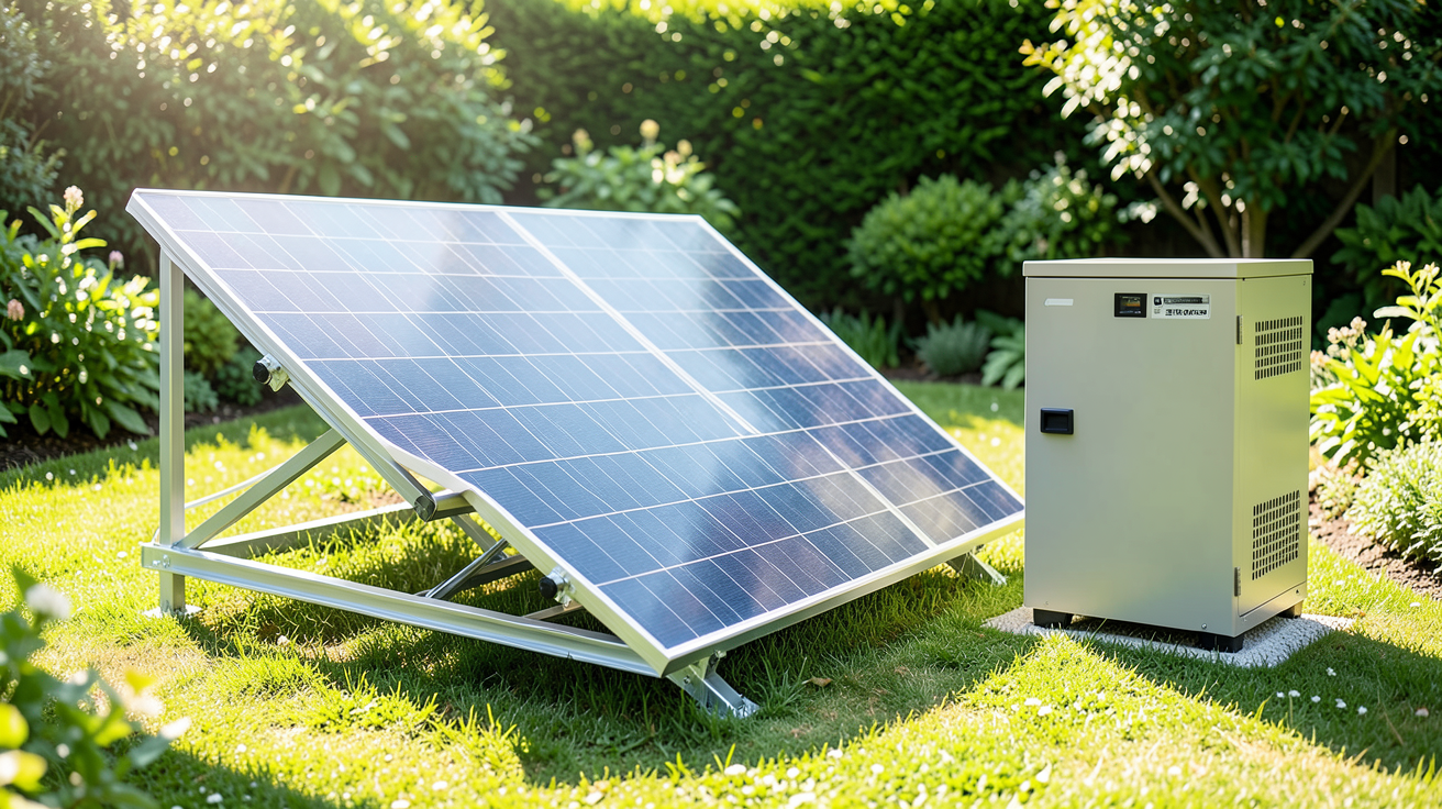 panneau solaire autonome avec batterie installé dans un environnement extérieur ensoleillé