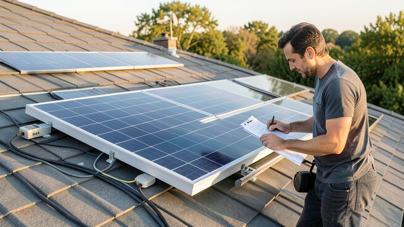 panneau solaire autonome installé sur un toit avec une personne suivant les étapes d'installation d'un guide pas à pas