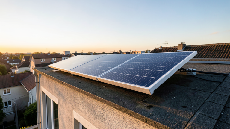panneau solaire autonome installé sur le toit d'une maison en milieu urbain