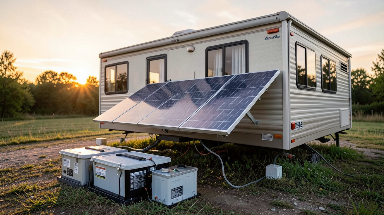 panneau solaire autonome pour mobil home site isolé avec batteries lithium-ion en premier plan