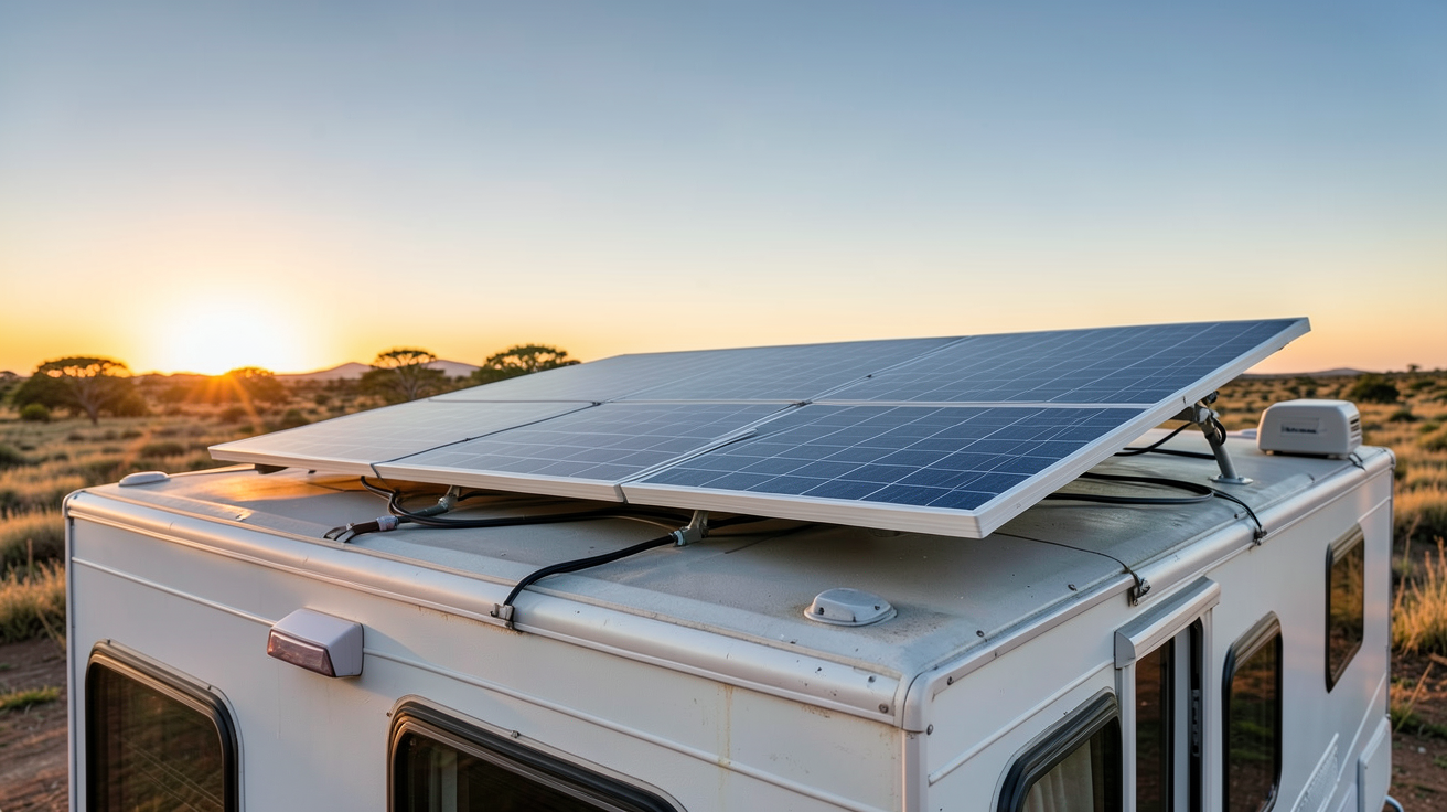 panneau solaire autonome installé sur le toit d'un mobil-home dans un site isolé en pleine nature
