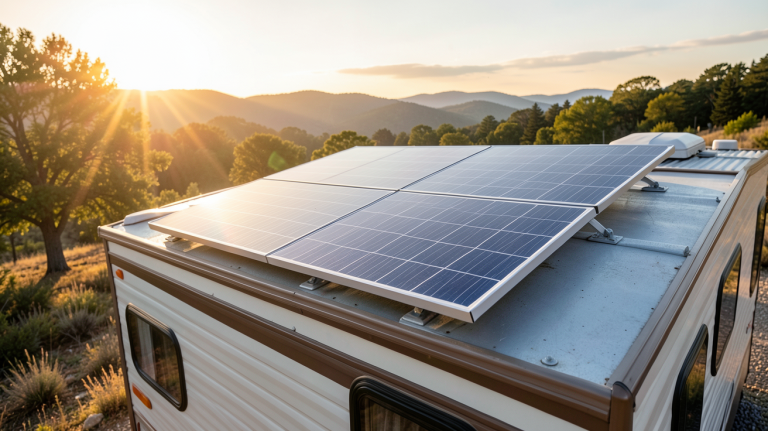 panneau solaire autonome pour mobil home site isolé installé sur un logement mobile en pleine nature