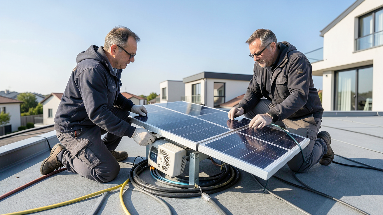 panneau solaire autonome en cours d'installation sur un toit résidentiel par un technicien