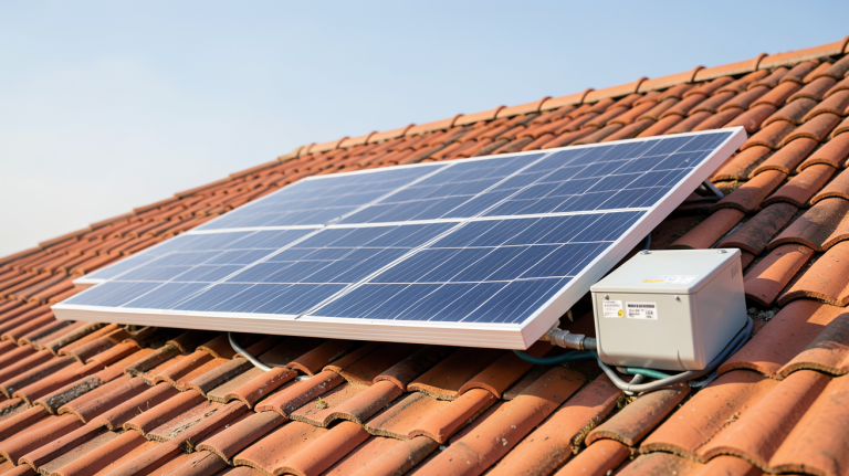 panneau solaire avec batterie 12v installé sur un toit en tuiles rouges avec ciel dégagé
