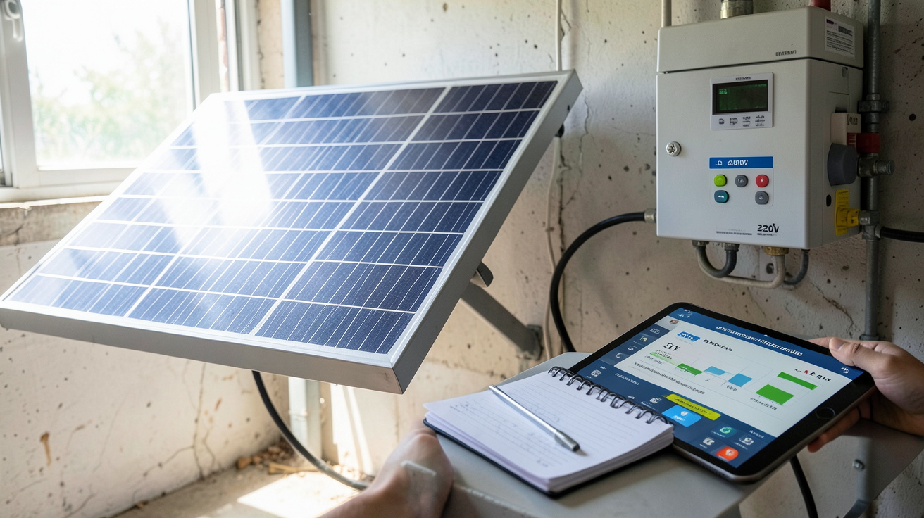 panneau solaire avec batterie 220V installé dans un local technique avec tableau de calcul de consommation énergétique