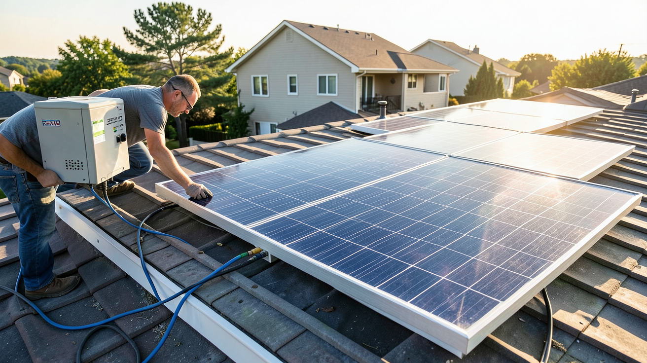 panneau solaire avec batterie 220V lors des étapes d'installation sur un toit