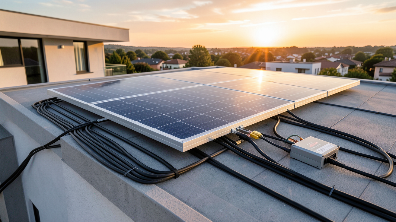 panneau solaire avec batterie 220v installé sur le toit d'une maison moderne avec onduleur intégré
