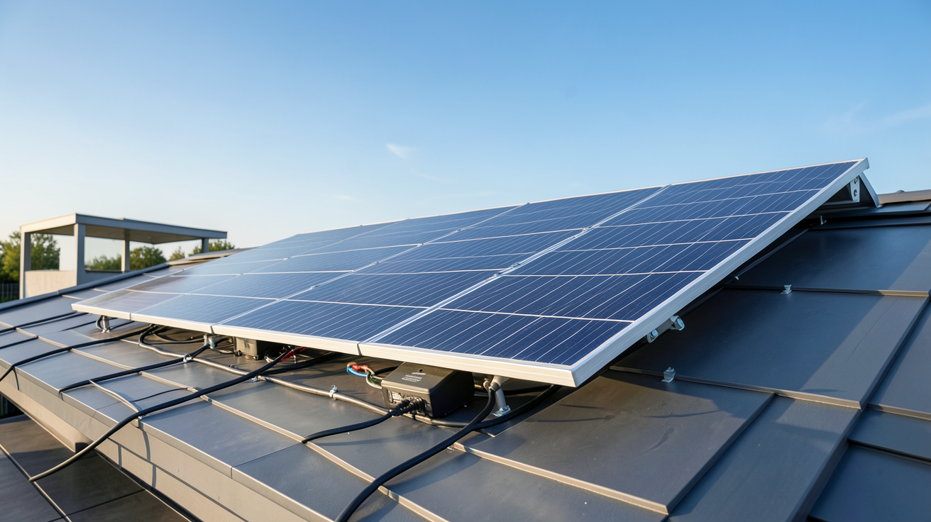 panneau solaire avec batterie installé sur un toit de maison individuelle pour calculer le retour sur investissement sur 10 ans