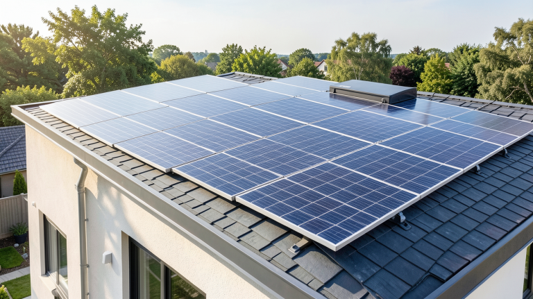 panneau solaire avec batterie de stockage installé sur le toit d'une maison moderne