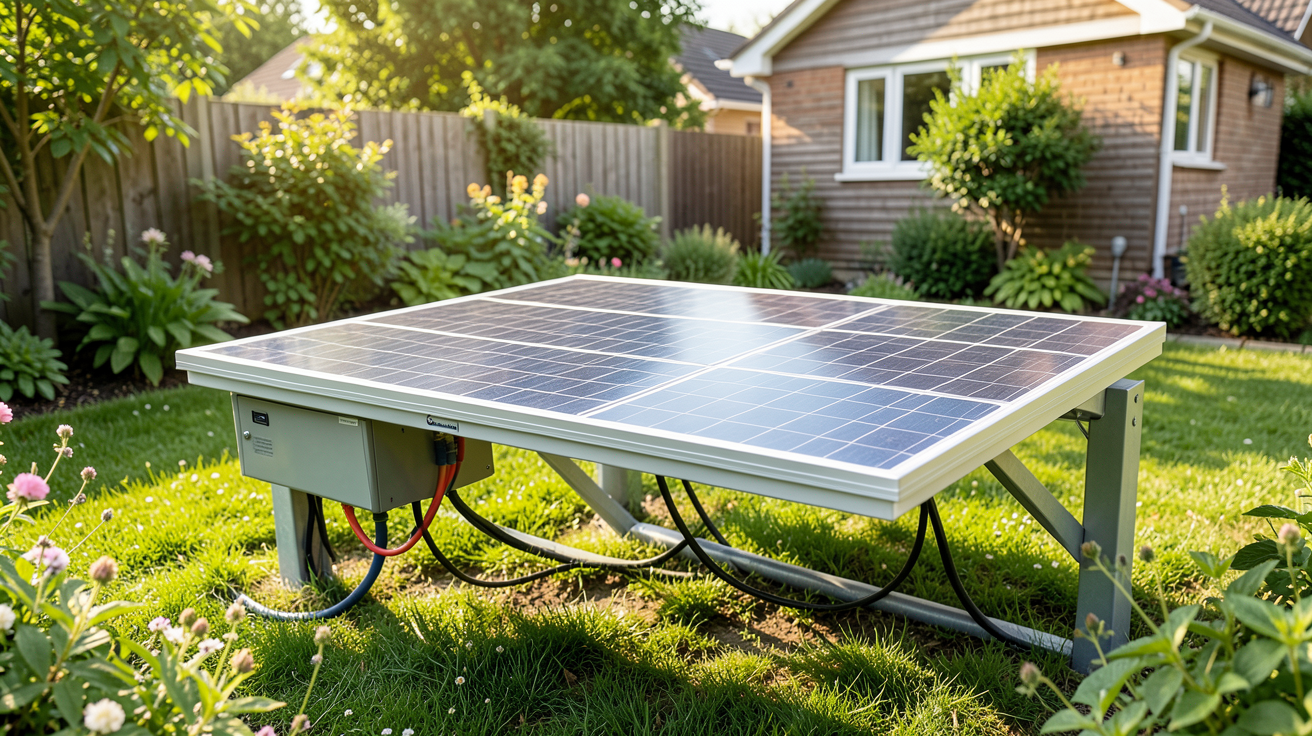 panneau solaire avec batterie de stockage installé dans un jardin résidentiel pour le dimensionnement d'une installation