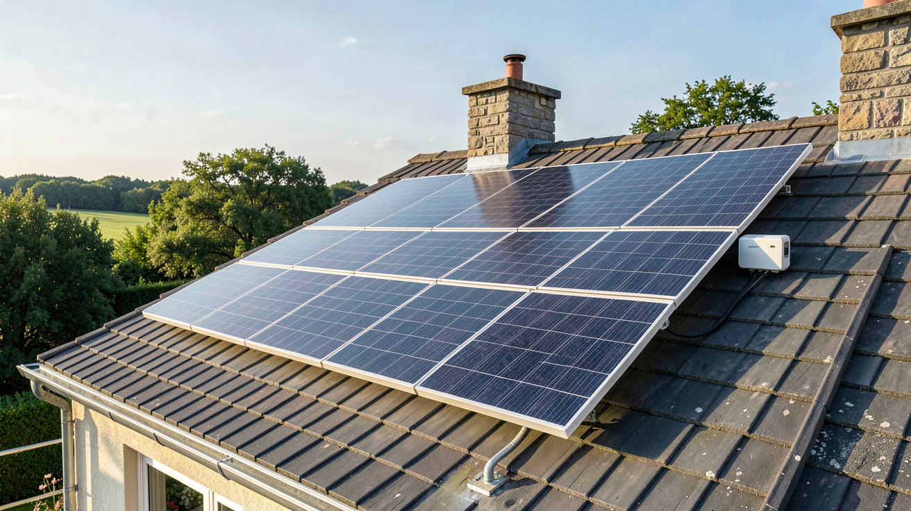panneau solaire avec batterie installé sur le toit d'une maison écologique en France