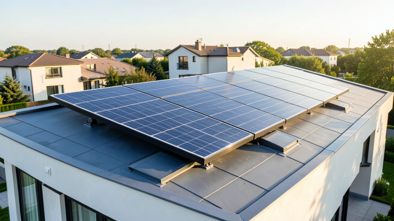 panneau solaire avec batterie intégrée installé sur le toit d'une maison moderne