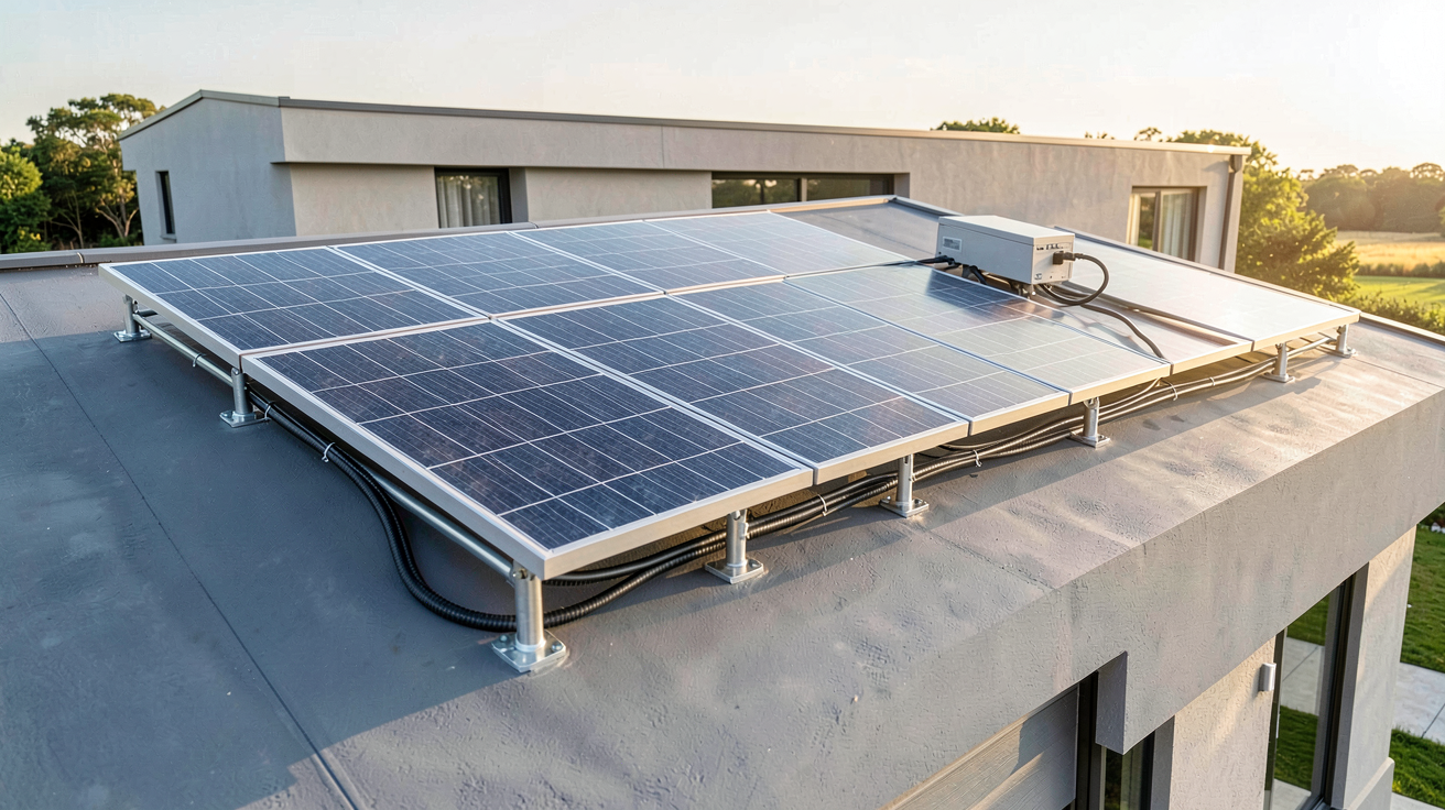panneau solaire avec batterie installé sur le toit d'une maison moderne avec batterie de stockage