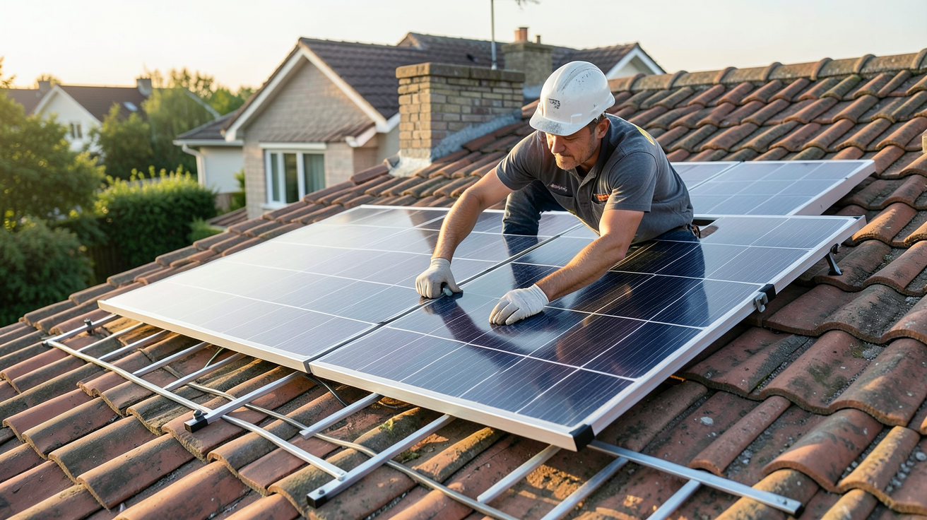 panneau solaire avec batterie pour maison lors des étapes d'installation sur un toit en tuiles