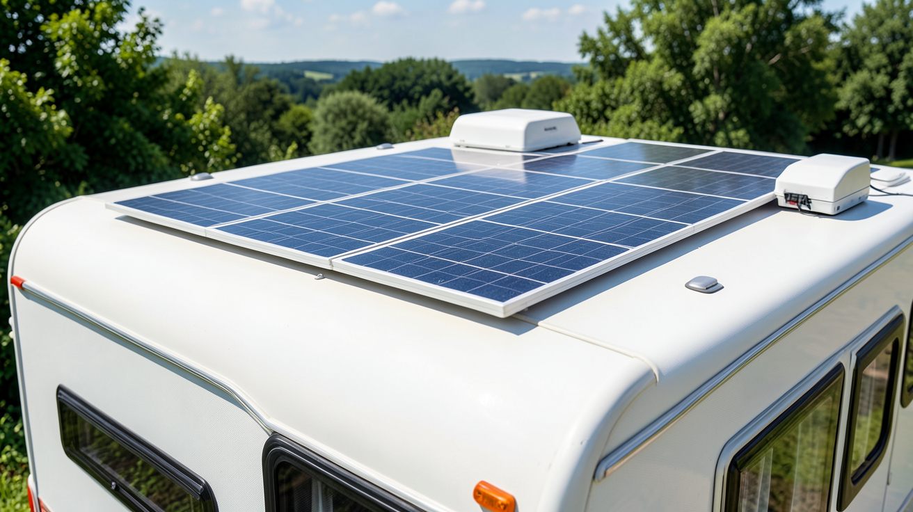 panneau solaire avec batterie pour caravane installé sur le toit d'une caravane