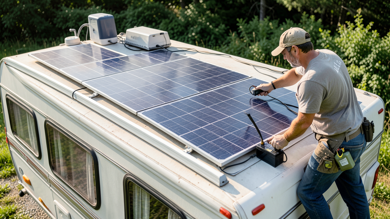 panneau solaire avec batterie pour caravane montrant l'installation du kit sur le toit d'une caravane
