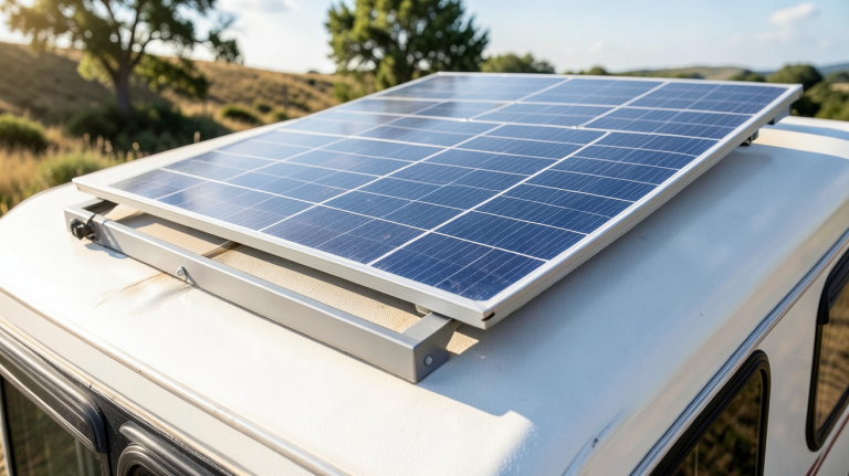 panneau solaire avec batterie pour caravane installé sur le toit d'une caravane moderne