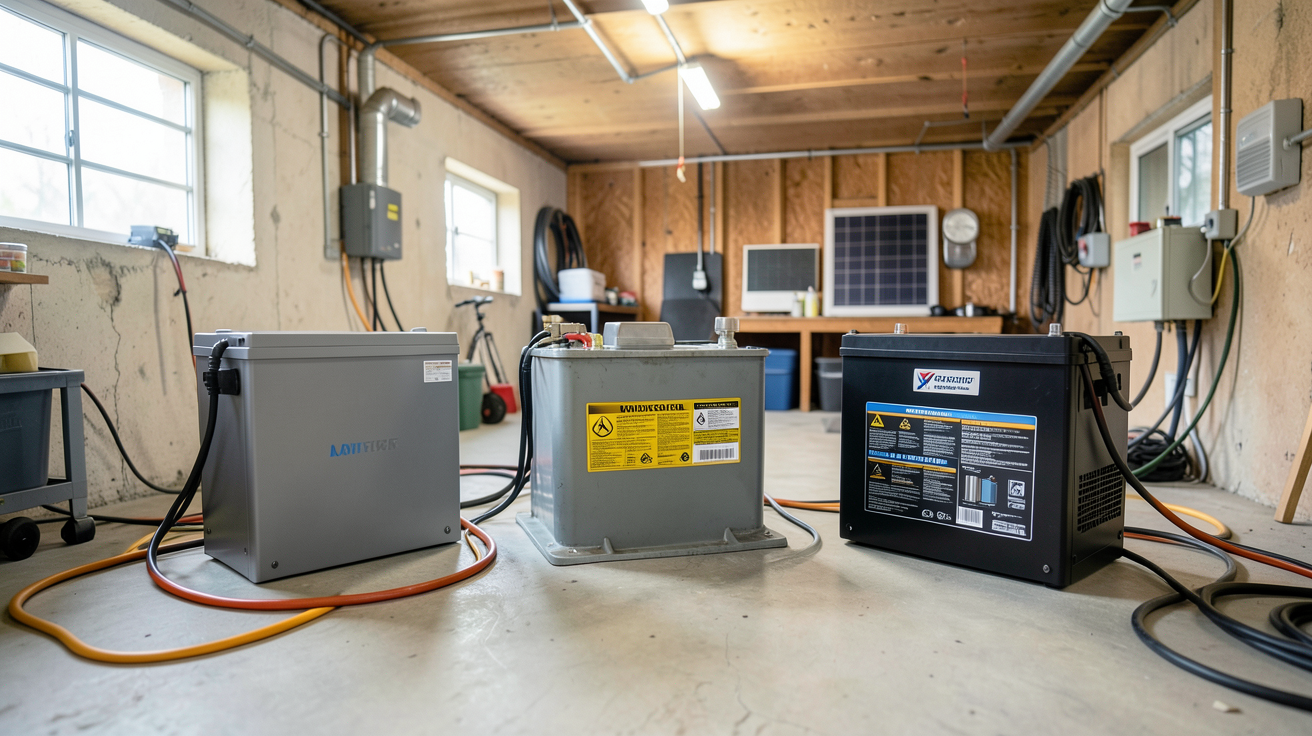 panneau solaire avec batterie pour maison montrant trois types de batteries de stockage : lithium-ion, plomb-acide et nouvelle technologie